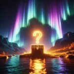 DALL E2024 03 1618.52.50 Envisionabreathtakinglandscapeatnight underthespellbindinglightsoftheauroraborealis whereaglowingchestwithaprominentquestionmark 1