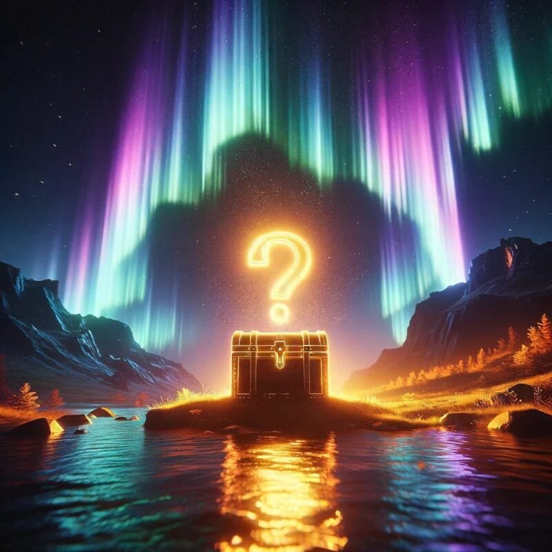 DALL E2024 03 1618.52.50 Envisionabreathtakinglandscapeatnight underthespellbindinglightsoftheauroraborealis whereaglowingchestwithaprominentquestionmark 1